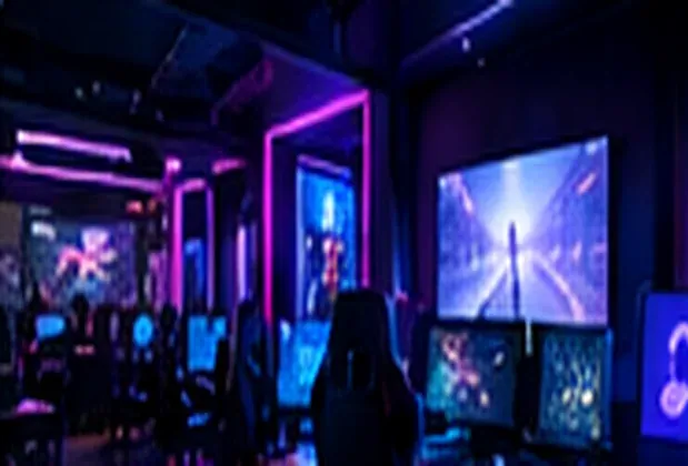 Illustrative neon-lit PC gaming lounge